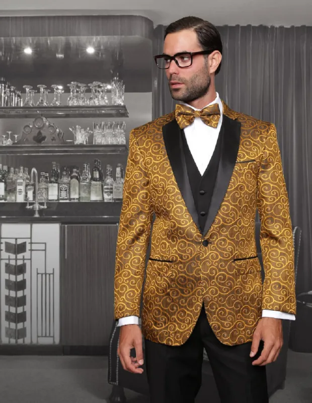 Mens Vested Swirl Patter Notch Lapel Tuxedo in Gold sold by Alberto Nardoni