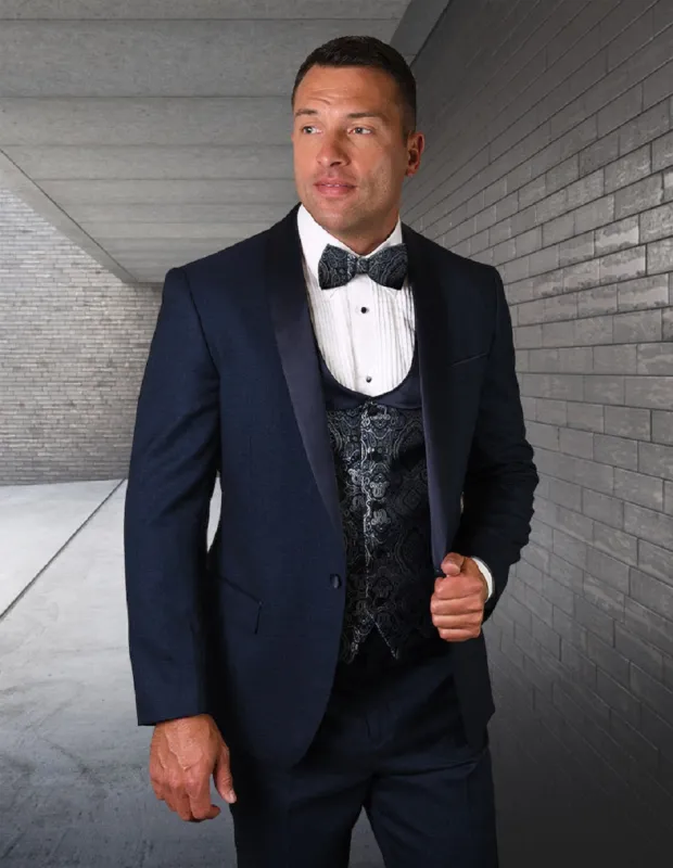 Mens One Button Shawl Tuxedo with Paisley Scoop Neck Vest in Indigo Blue made by Alberto Nardoni
