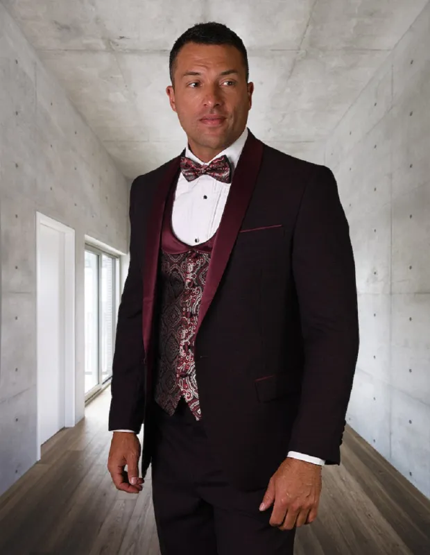 Mens One Button Shawl Tuxedo with Paisley Scoop Neck Vest in Burgundy sold by Alberto Nardoni
