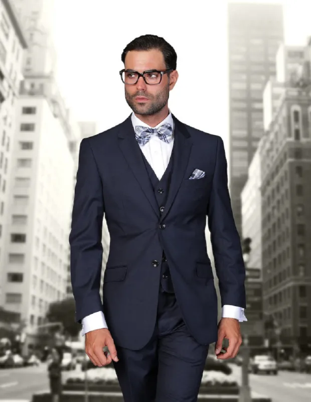 Mens 2 Button Modern Fit Vested Wool Suit in Navy sold by Alberto Nardoni