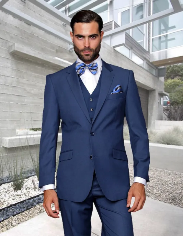 Mens 2 Button Modern Fit Vested Wool Suit in Indigo Blue made by Alberto Nardoni