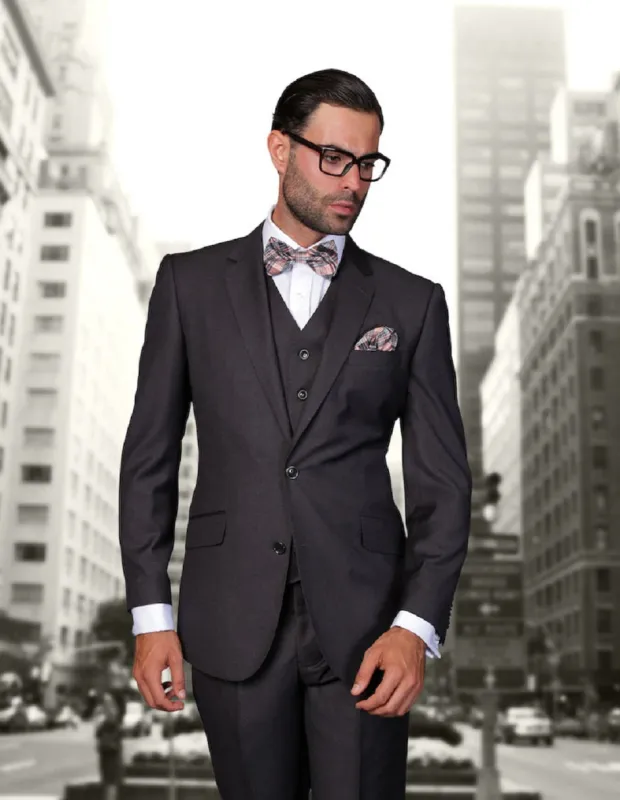 Mens 2 Button Modern Fit Vested Wool Suit in Heather Charcoal sold by Alberto Nardoni