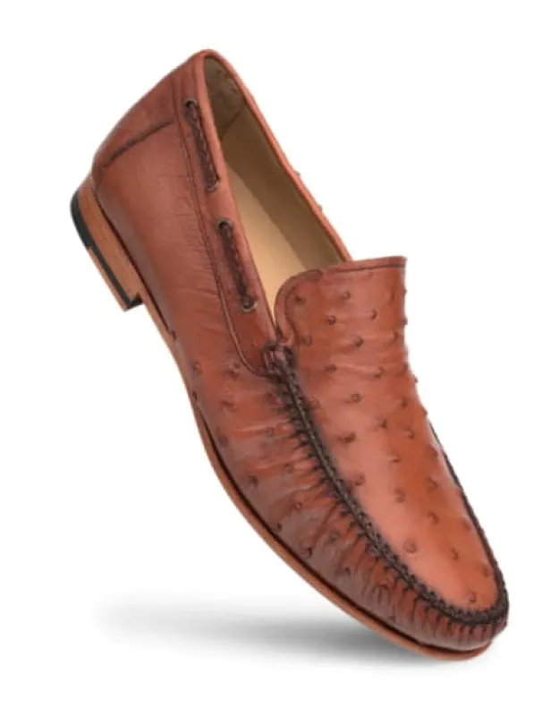 Mezlan Genuine Ostrich Moccasin Slip-On – Brandy Exotic Leather Loafers Made in Spain sold by Alberto Nardoni