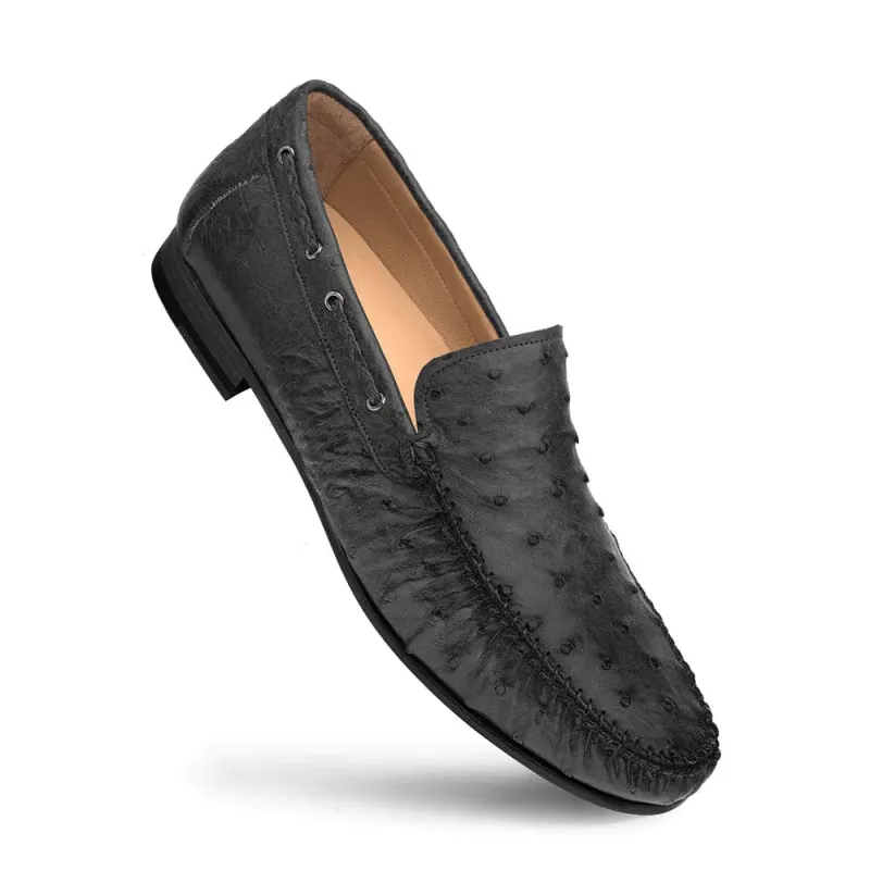 Mezlan Genuine Ostrich Moccasin Slip-On – Black Exotic Leather Loafers Made in Spain sold by Alberto Nardoni
