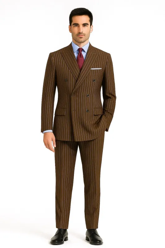 Mens Brown Pinstripe Double-Breasted Suit – Classic 6-Button Business and Vintage Style sold by Alberto Nardoni