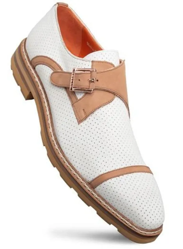 Mezlan Mens Shoes Bone/Cognac Perforated Nubuck Monk Strap Alari sold by Alberto Nardoni