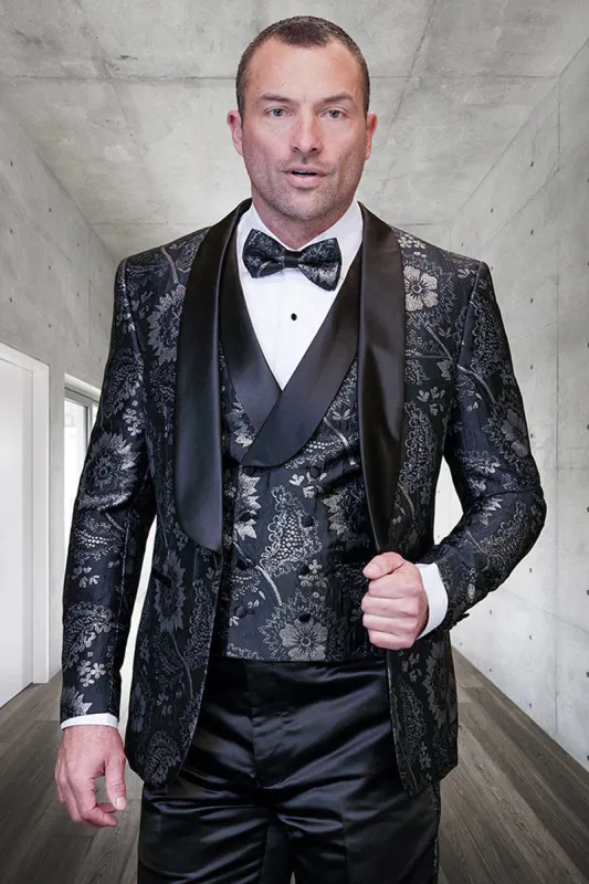 Men's black paisley lace print vested tuxedo for prom & wedding with satin lapel and bowtie sold by Alberto Nardoni