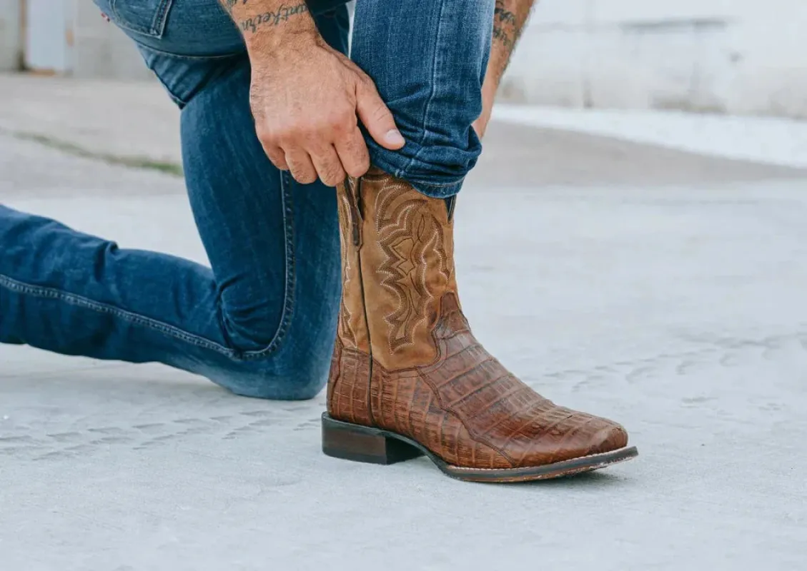 Dan Post Men's Kingsly Genuine Caiman Belly Square Toe Boots - Bay Apache made by Alberto Nardoni