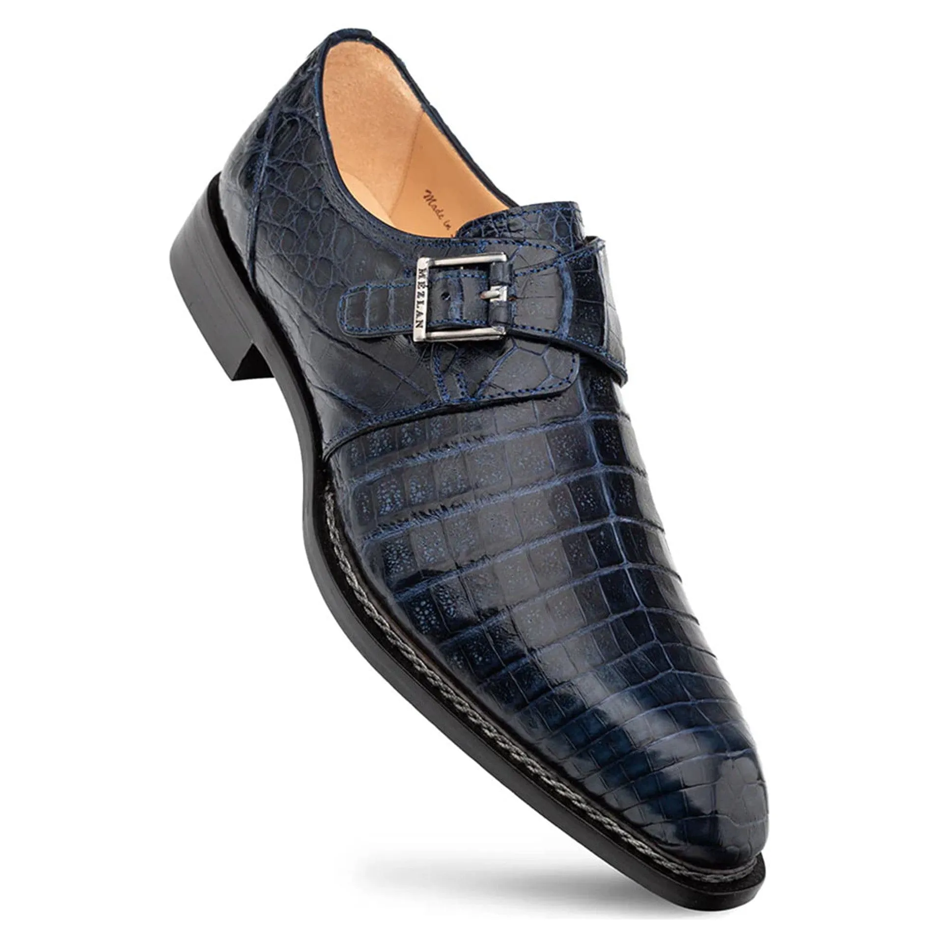 Gigolo Blue Crocodile Single Monk Strap Loafers by Mezlan – Exotic Leather Shoes Made in Spain sold by Alberto Nardoni