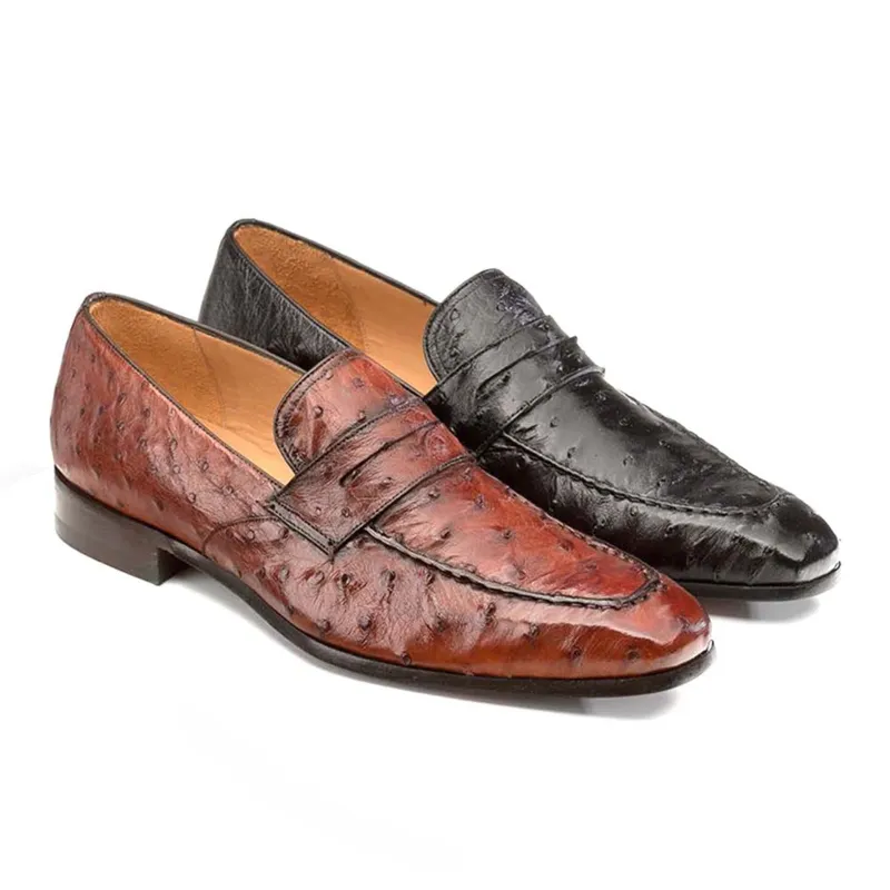 Men’s Lisbon Brandy Genuine Ostrich Classic Slip-On Penny Loafers by Mezlan – Made in Spain sold by Alberto Nardoni