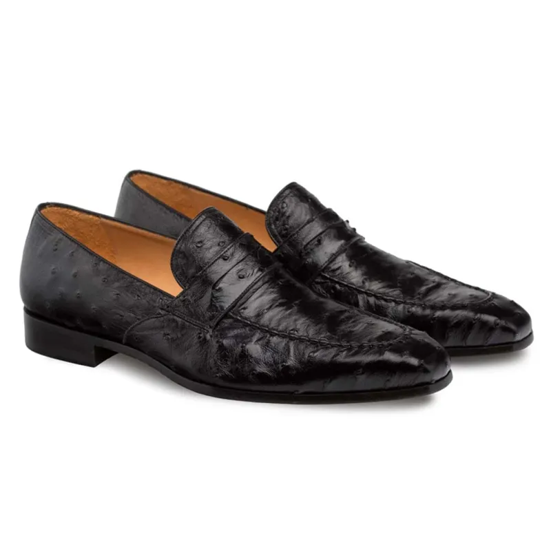 Men’s Lisbon Black Genuine Ostrich Classic Slip-On Penny Loafers by Mezlan – Made in Spain sold by Alberto Nardoni