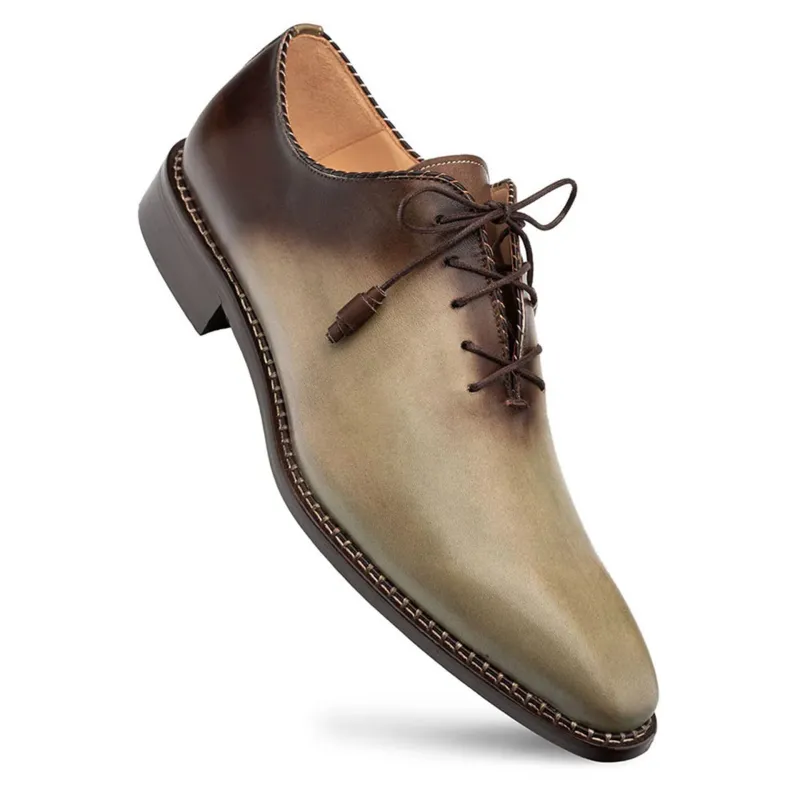 Barbaro Olive/Mocha Two-Tone Whole-Cut Calfskin Oxford Shoes by Mezlan – Handcrafted in Spain sold by Alberto Nardoni