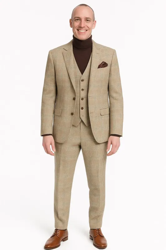 Mens Beige Plaid 3-Piece Suit – Classic Checkered Suit for Weddings, Church Vested Checkered Pattern sold by Alberto Nardoni
