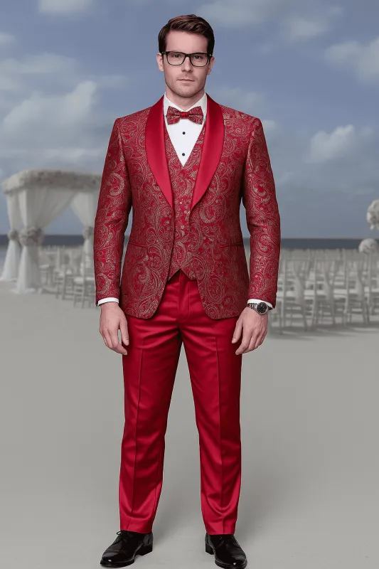 Men’s Red Paisley Brocade Prom Tuxedo with Vested Double Breasted Suit – Wedding Ready sold by Alberto Nardoni