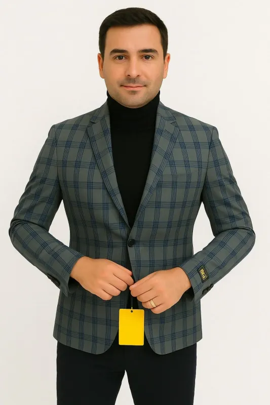 Mens Blue and Grey Windowpane Plaid Blazer –  Casual Sport Coat sold by Alberto Nardoni