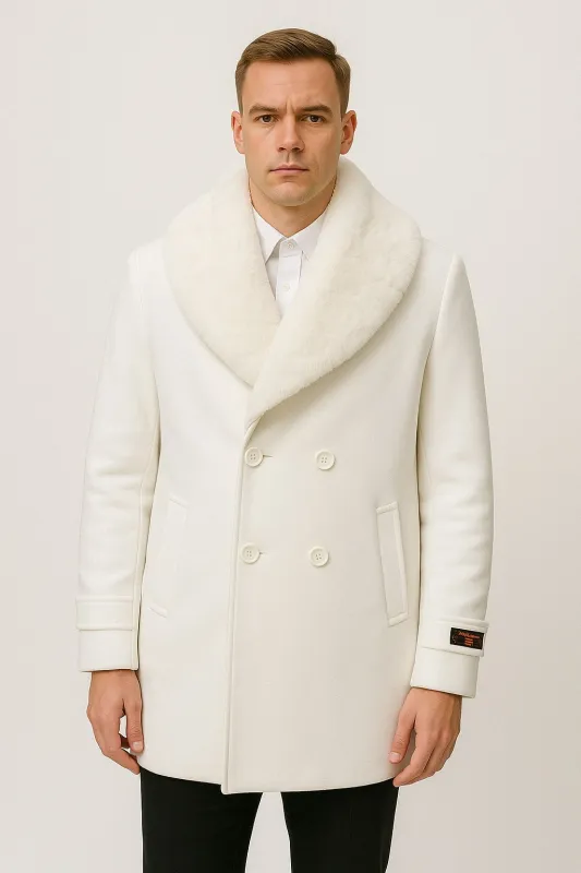 Mens White Peacoat Double-Breasted Overcoat with Faux Fur Shawl Collar â€“ Alberto Nardoni Collection Wool Fabric sold by Alberto Nardoni