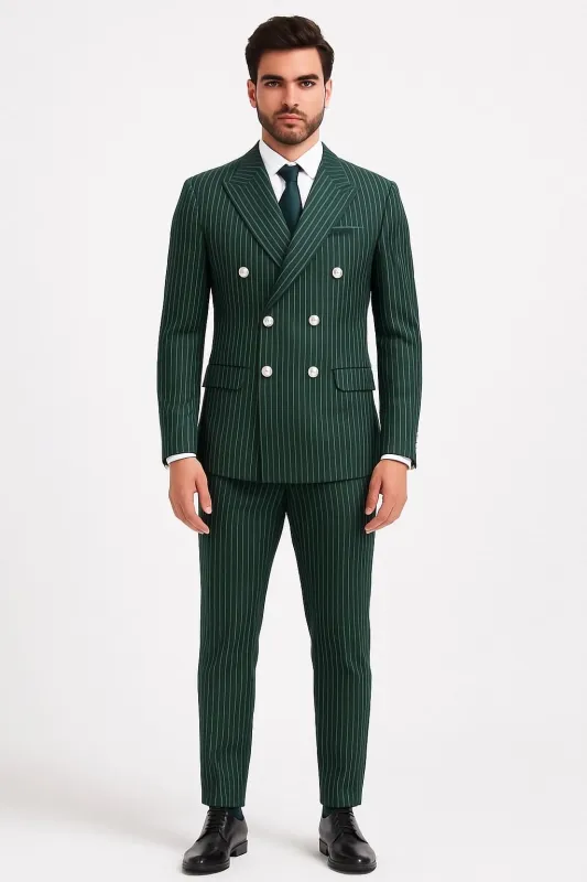 Mens Green Pinstripe Double-Breasted Suit – Slim Fit 2 Piece Formal Business Suit with Peak Lapel 1920s Gangster Pinstripe sold by Alberto Nardoni