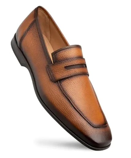 Men's Cognac Deerskin Penny Loafers by Mezlan – Soft Luxury Slip-Ons, Made in Spain sold by Alberto Nardoni