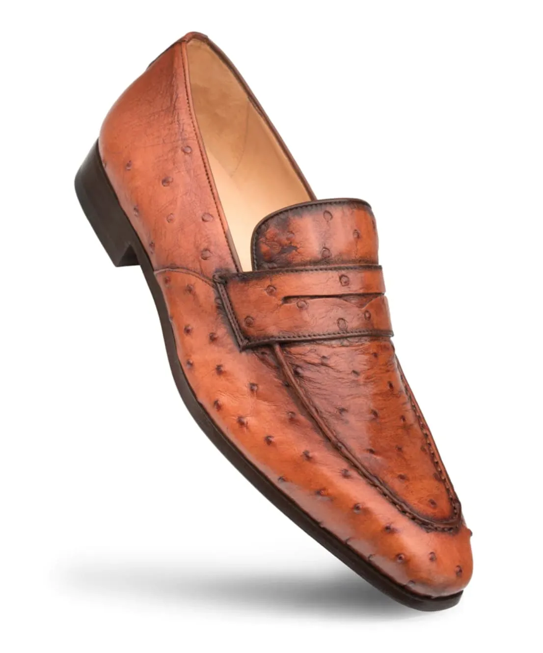 Lisbon Brandy Ostrich Slip-On by Mezlan – Genuine Exotic Penny Loafer, Made in Spain sold by Alberto Nardoni