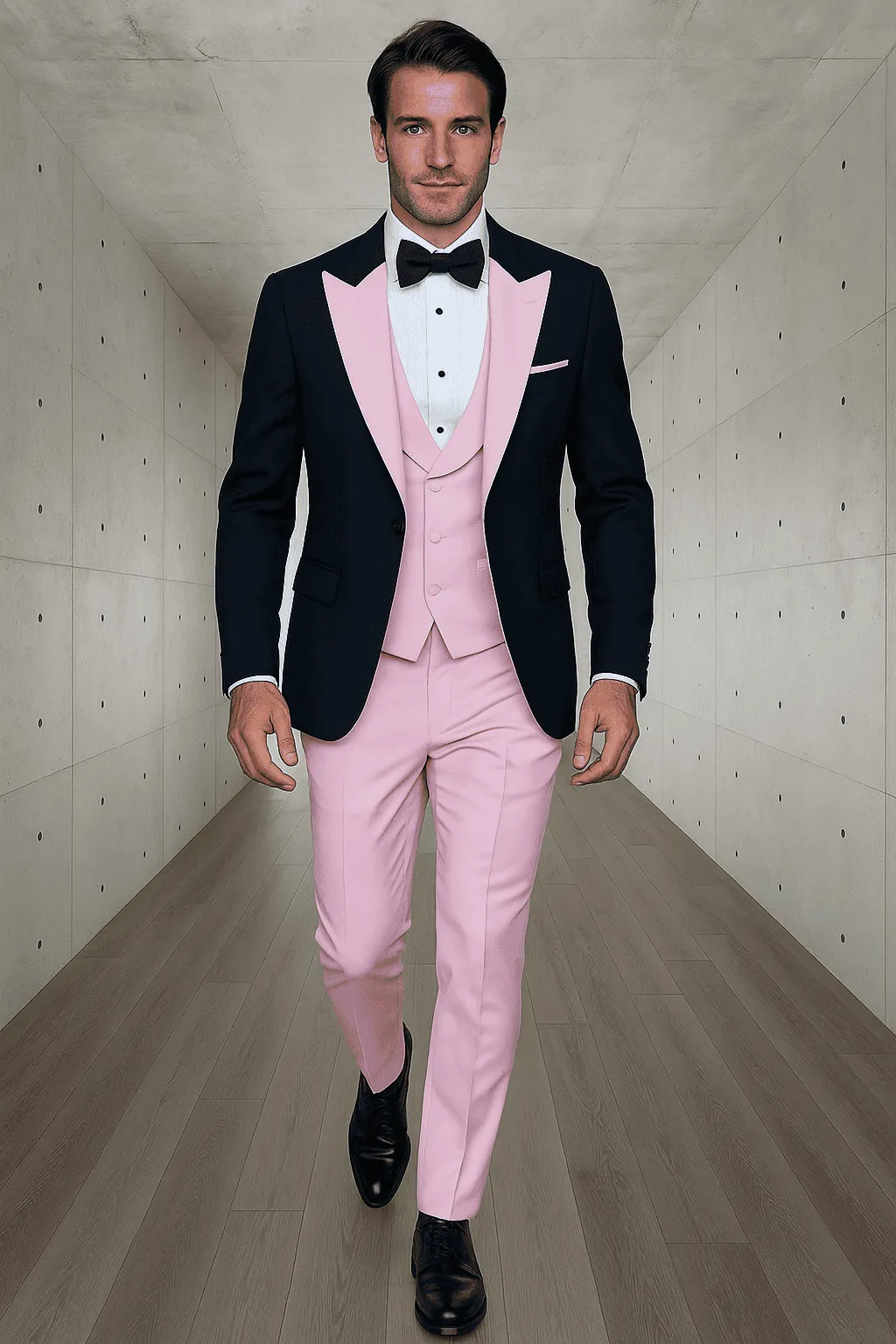 Mens Black and Pink Wool Tuxedo - Designer Vested Tuxedo with Contrast Satin Peak Lapel for Wedding & Prom sold by Alberto Nardoni product image thumbnail 5