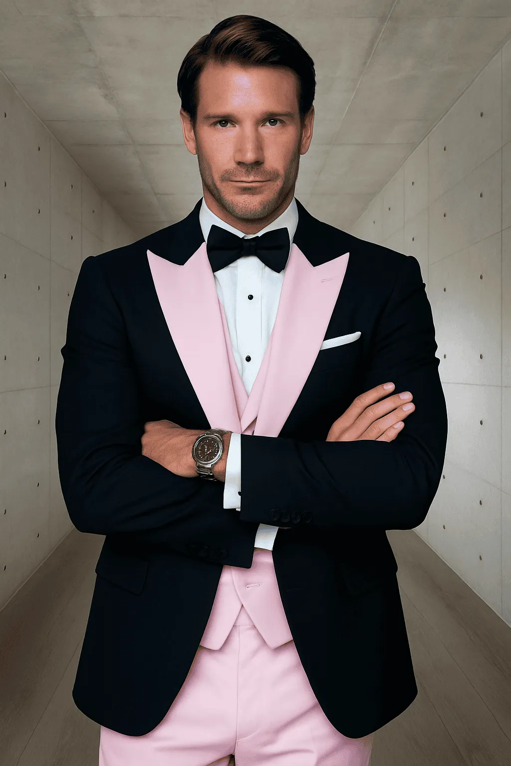 Mens Black and Pink Wool Tuxedo - Designer Vested Tuxedo with Contrast Satin Peak Lapel for Wedding & Prom sold by Alberto Nardoni product image thumbnail 2