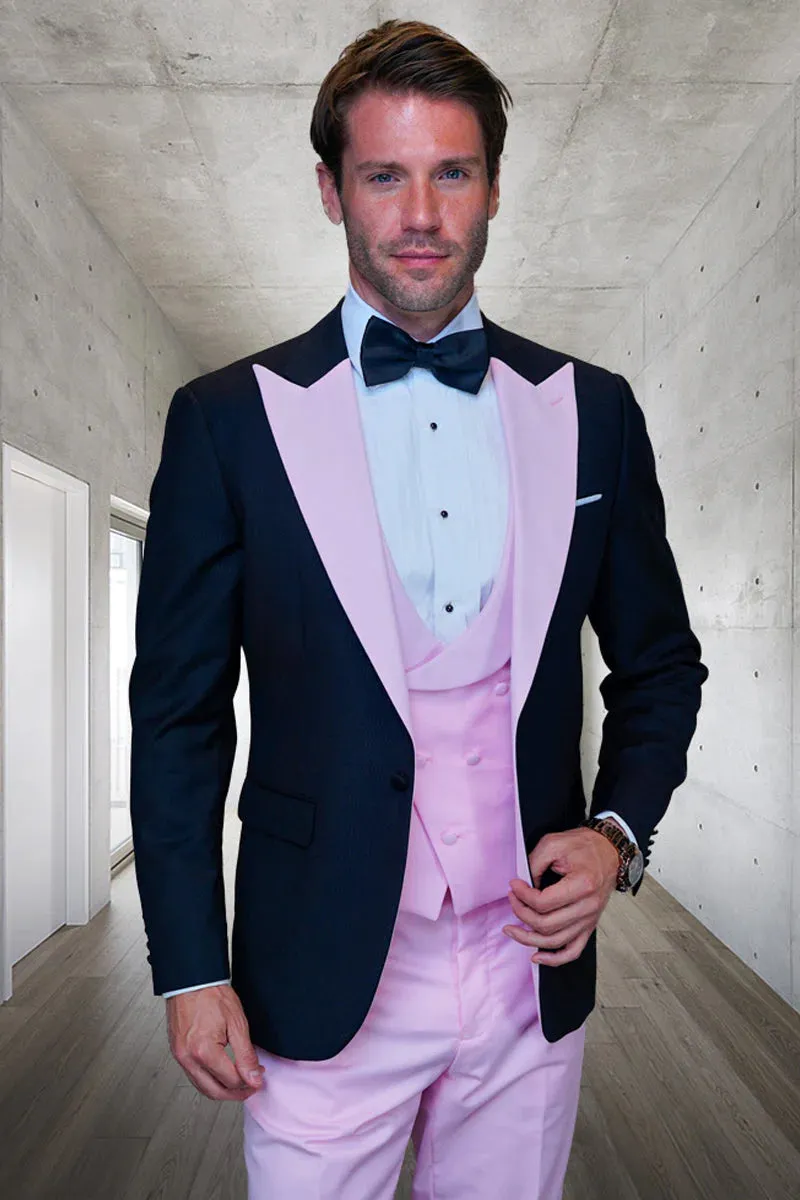 Mens Black and Pink Wool Tuxedo - Designer Vested Tuxedo with Contrast Satin Peak Lapel for Wedding & Prom sold by Alberto Nardoni