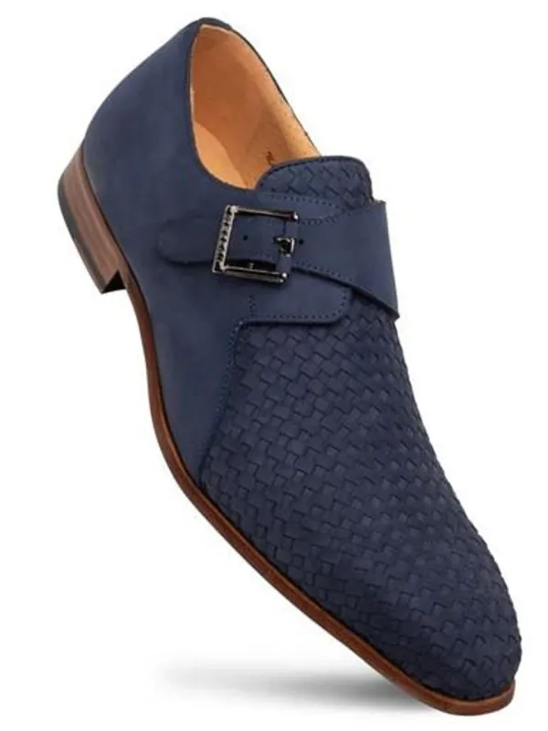 Mezlan Blue Woven Detailed Suede Monk Strap Shoes Ayllon sold by Alberto Nardoni
