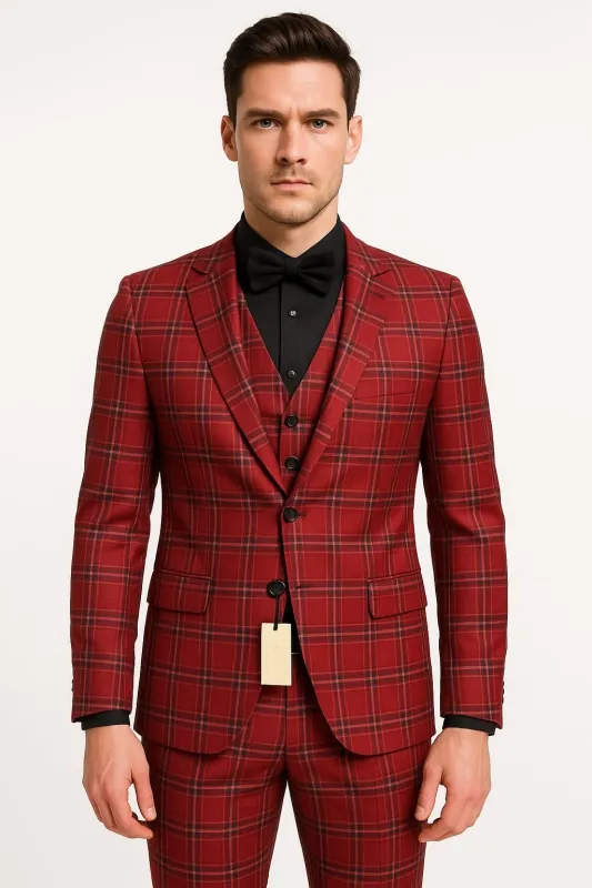 Mens Burgundy Plaid Three-Piece Suit â€“ Ultra Slim Fit Checkered Windowpane Redish 544-10 made by Alberto Nardoni
