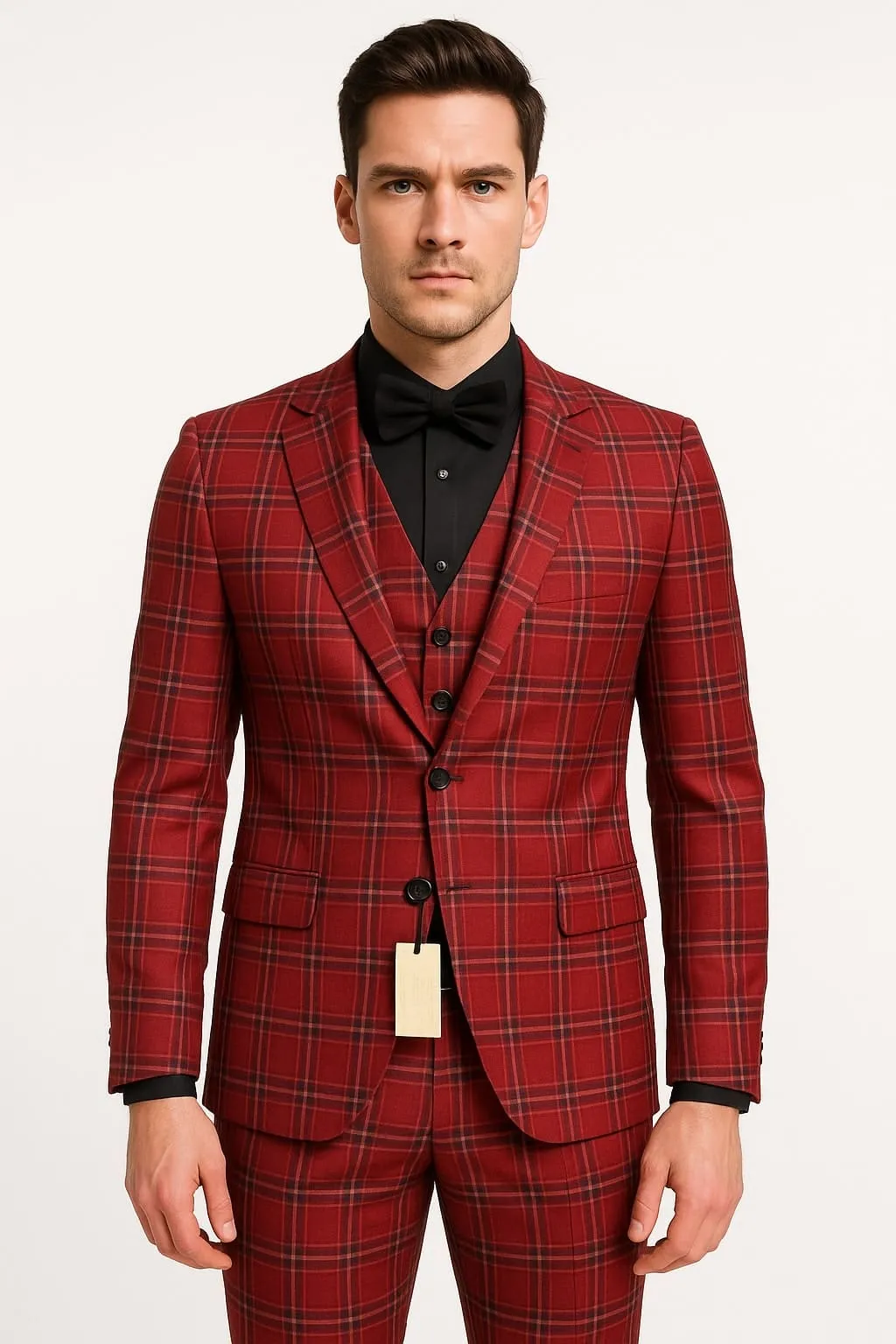 Mens Burgundy Plaid Three-Piece Suit – Ultra Slim Fit Checkered Windowpane Redish 544-10 sold by Alberto Nardoni