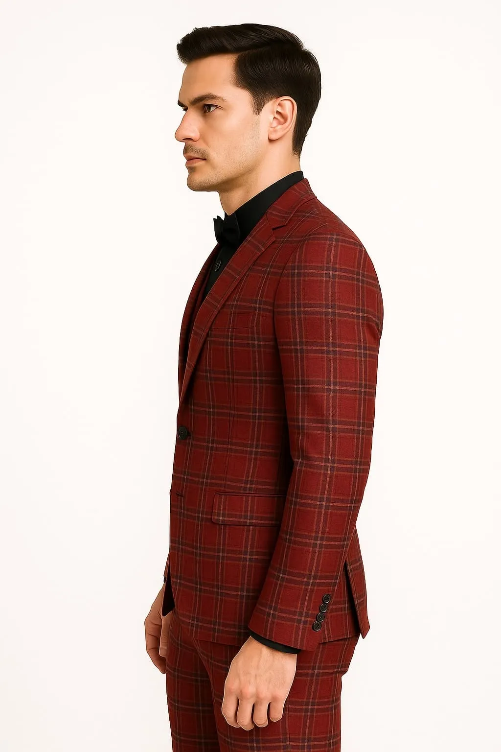 Mens Burgundy Plaid Three-Piece Suit – Ultra Slim Fit Checkered Windowpane Redish 544-10 sold by Alberto Nardoni product image thumbnail 4