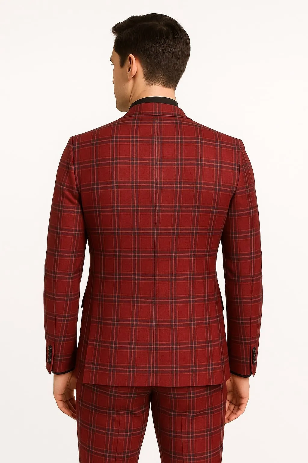 Mens Burgundy Plaid Three-Piece Suit – Ultra Slim Fit Checkered Windowpane Redish 544-10 sold by Alberto Nardoni product image thumbnail 2