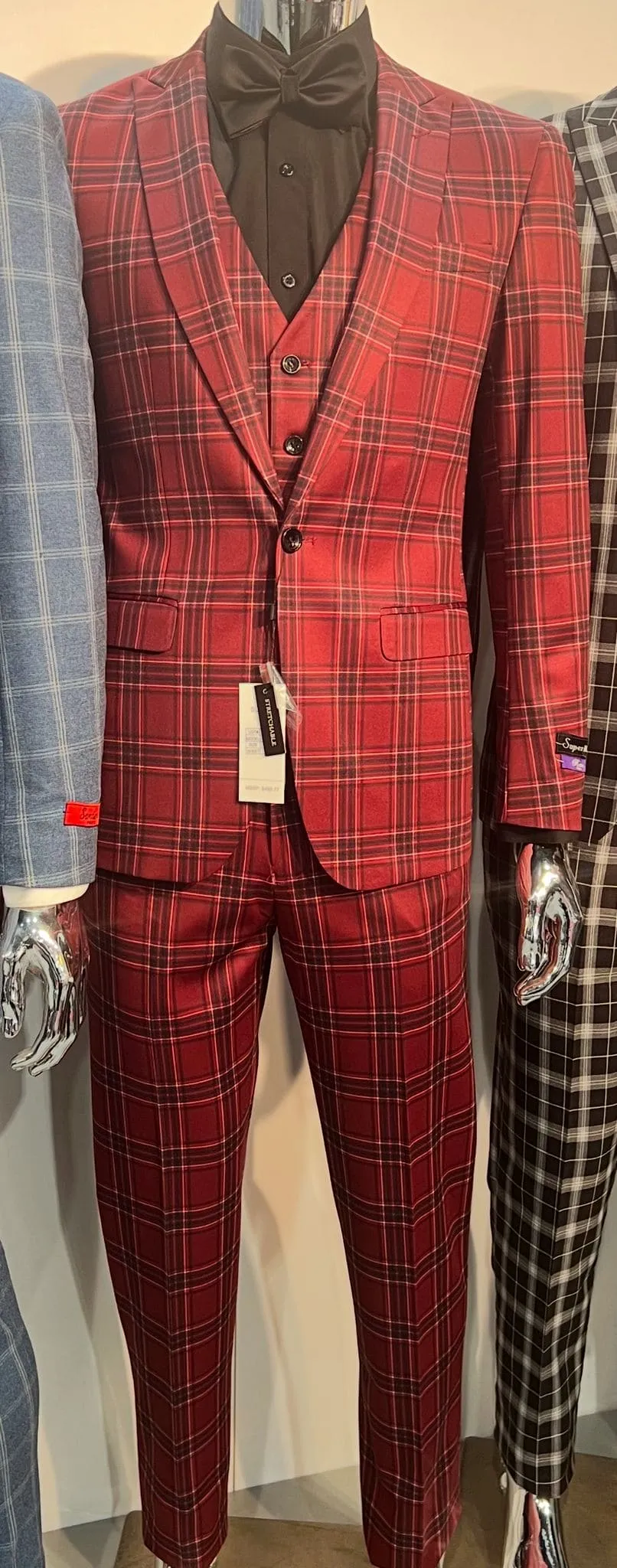 Mens Burgundy Plaid Three-Piece Suit – Ultra Slim Fit Checkered Windowpane Redish 544-10 sold by Alberto Nardoni product image thumbnail 5