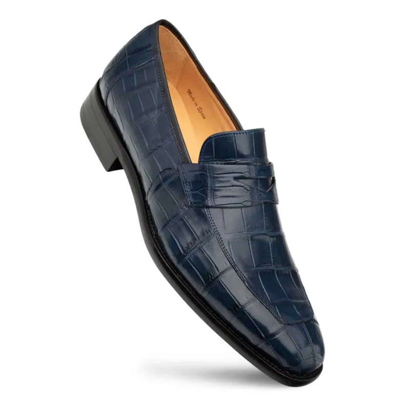 Men’s Blue Piccolo Genuine American Alligator Penny Loafers by Mezlan – Luxury Exotic Handmade Loafers from Spain sold by Alberto Nardoni