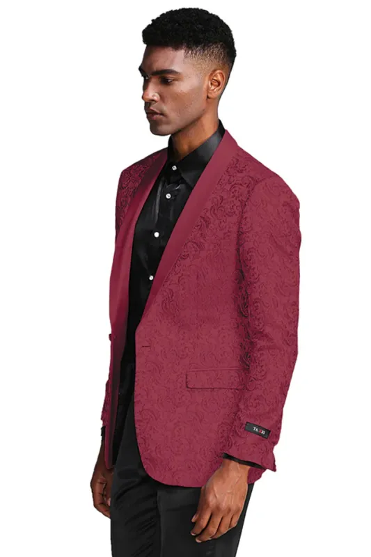 Burgundy paisley slim fit tuxedo jacket – men's wedding & prom blazer with satin shawl lapel sold by Alberto Nardoni