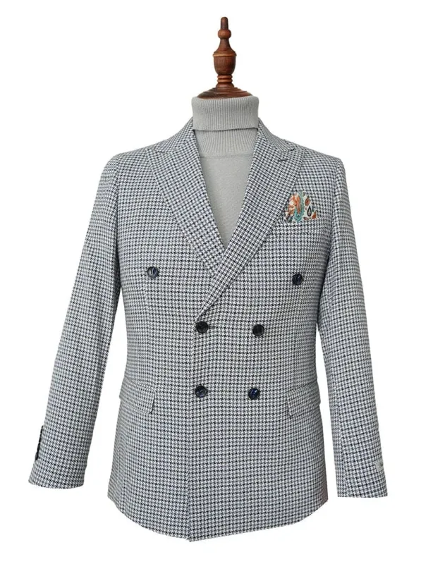 Blue Houndstooth Hybrid Fit Double Breasted Jacket sold by Alberto Nardoni