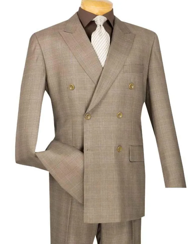 Executive Double Breasted Regular Fit Glen Plaid Suit - Color Tan sold by Alberto Nardoni