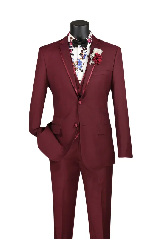 Burgundy Trimmed Lapel Slim Fit 3 Piece Suit sold by Alberto Nardoni