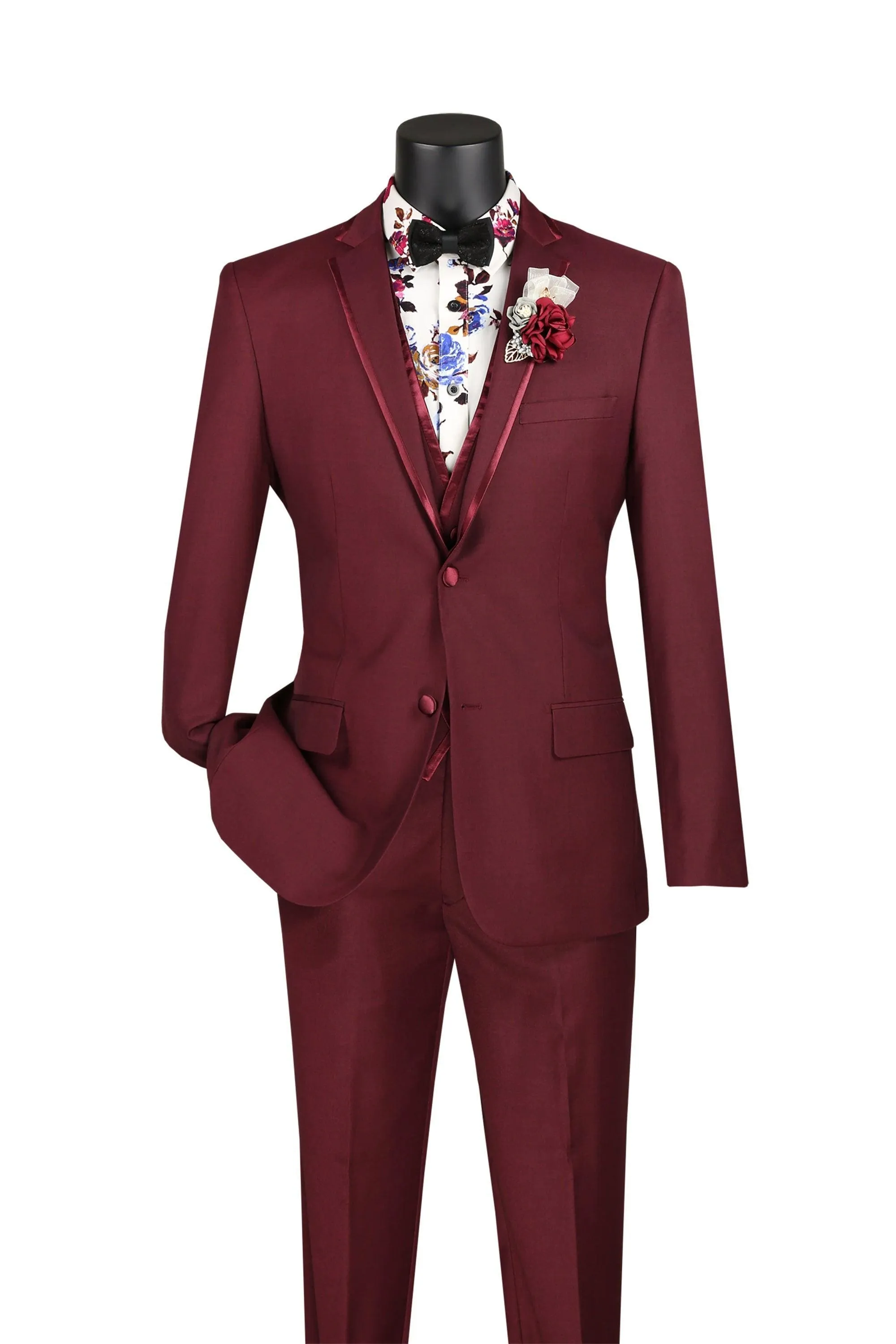 Burgundy Trimmed Lapel Slim Fit 3 Piece Suit sold by Alberto Nardoni