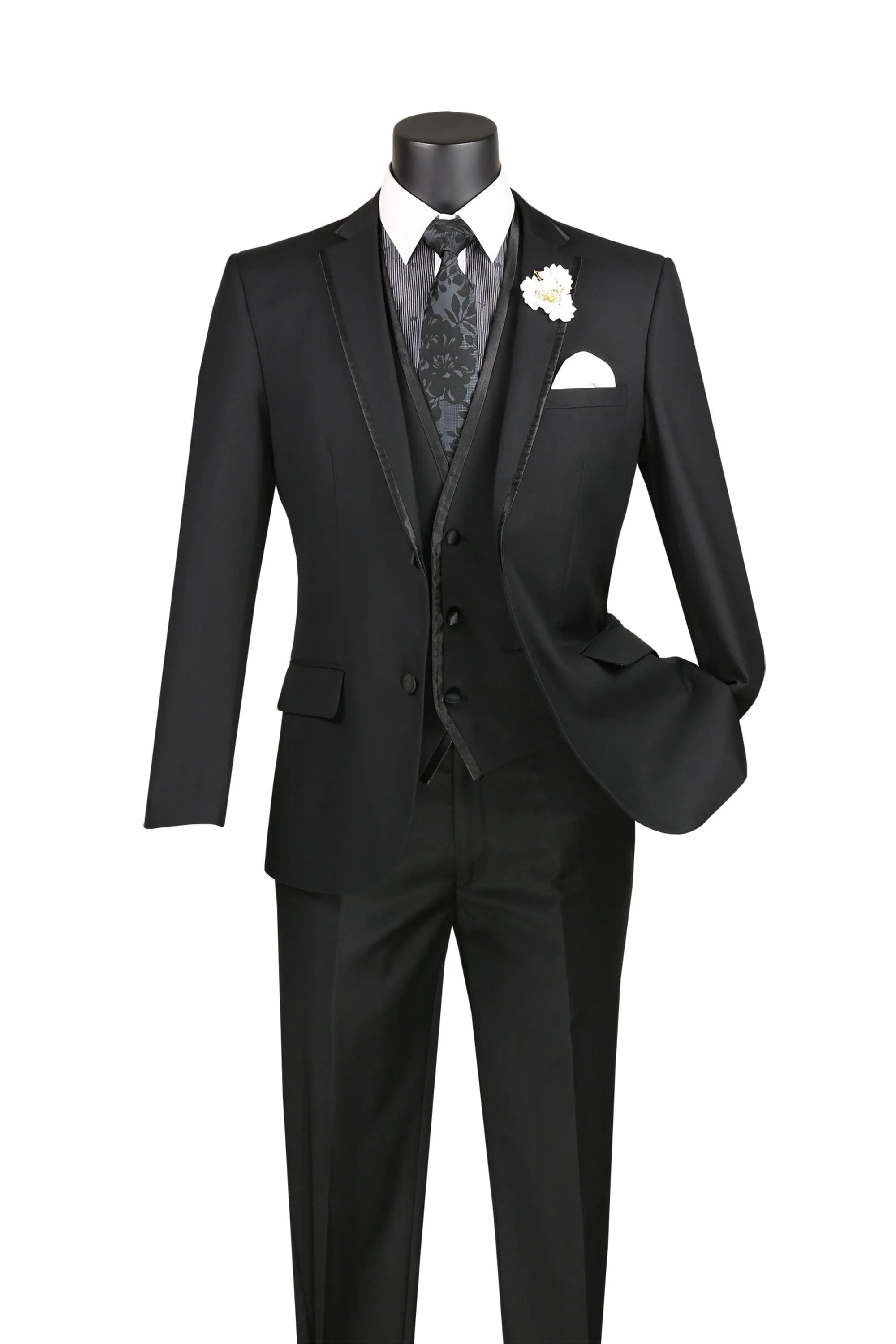 Black Trimmed Lapel Slim Fit 3 Piece Suit sold by Alberto Nardoni