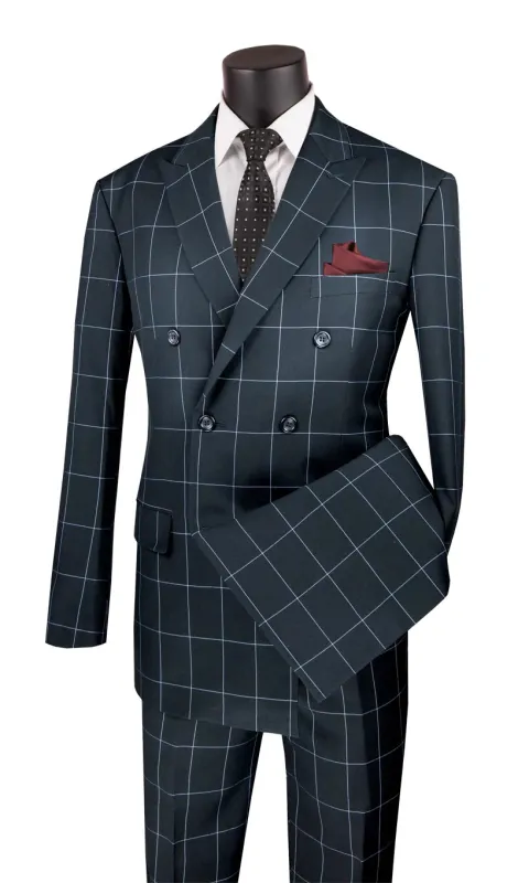 Black Modern Fit Double Breasted Windowpane Peak Lapel 2 Piece Suit sold by Alberto Nardoni