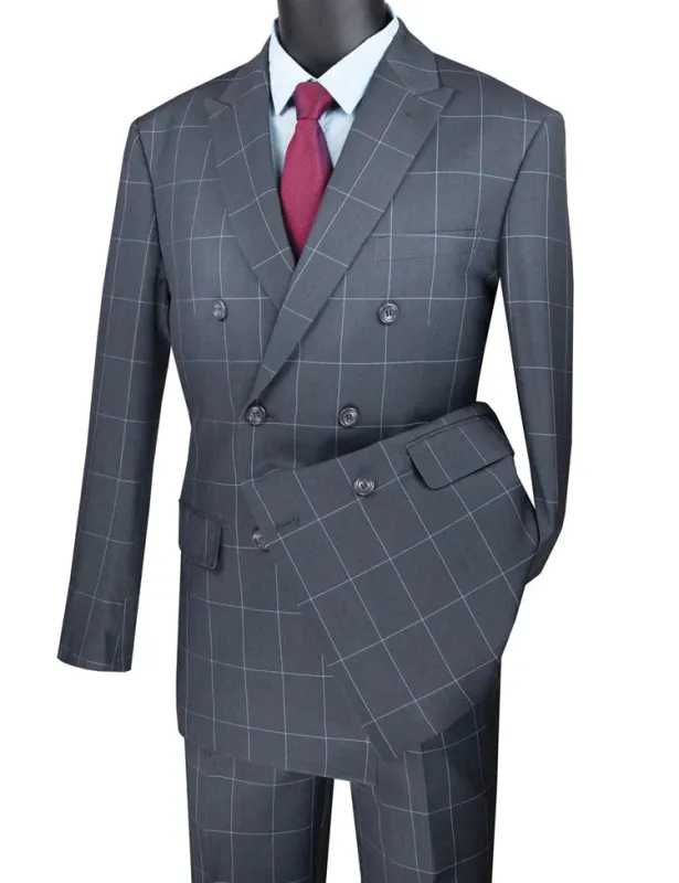 Gray Double Breasted Suit – Modern Fit 2 Piece Windowpane Peak Lapel sold by Alberto Nardoni