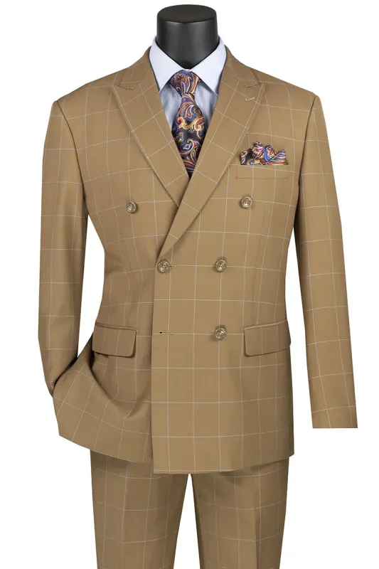 Camel Modern Fit Double Breasted Windowpane Peak Lapel 2 Piece Suit made by Alberto Nardoni