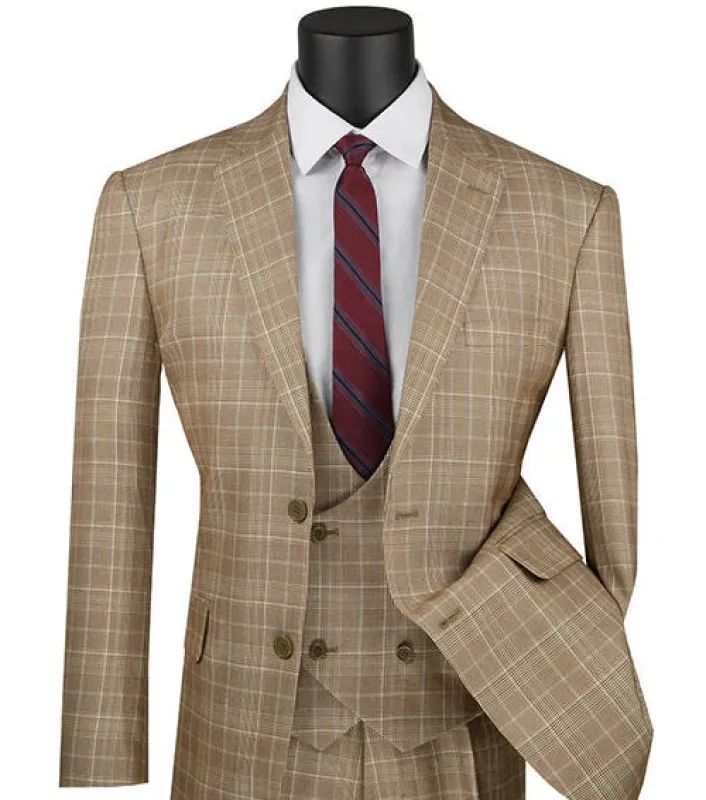 Regular Fit Camel Glen Plaid Three-Piece Suit made by Alberto Nardoni