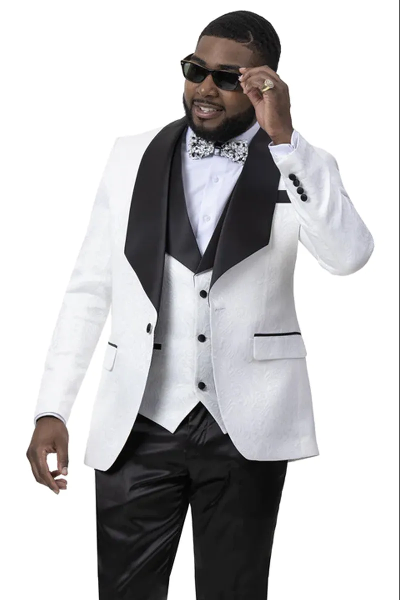Mens Vested Square Shawl Paisley Prom & Wedding Tuxedo Jacket & Vest in White & Black sold by Alberto Nardoni