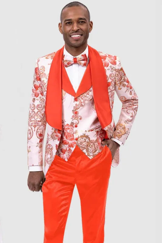 EJ Samuel Men's Orange Paisley Tuxedo with Shawl Lapel and Vested Detail made by Alberto Nardoni
