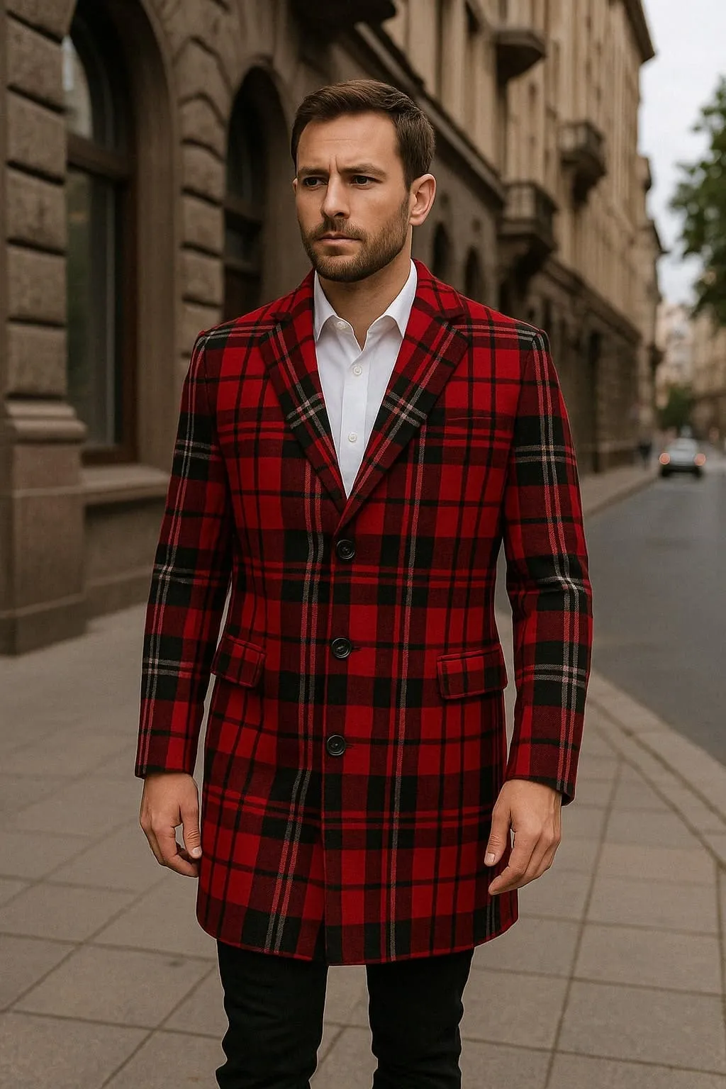 Mens Red and Black Plaid Wool Overcoat with Notch Lapel sold by Alberto Nardoni product image thumbnail 3
