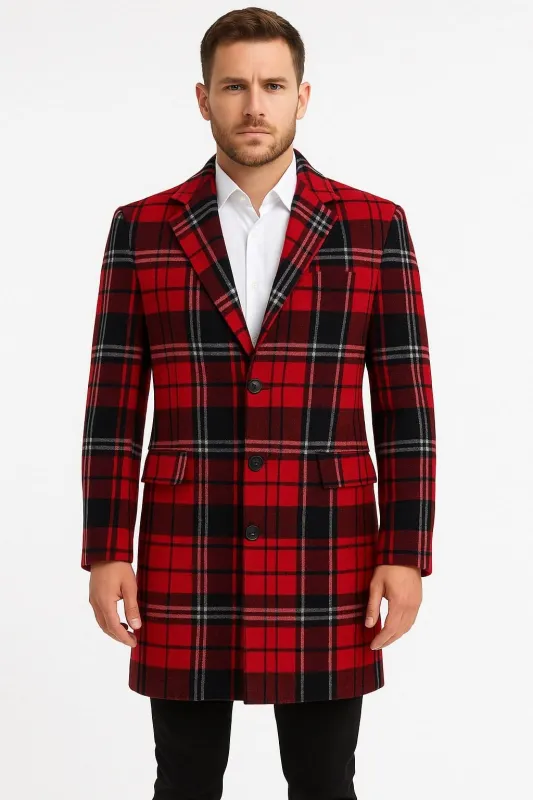 Mens Red and Black Plaid Wool Overcoat with Notch Lapel sold by Alberto Nardoni
