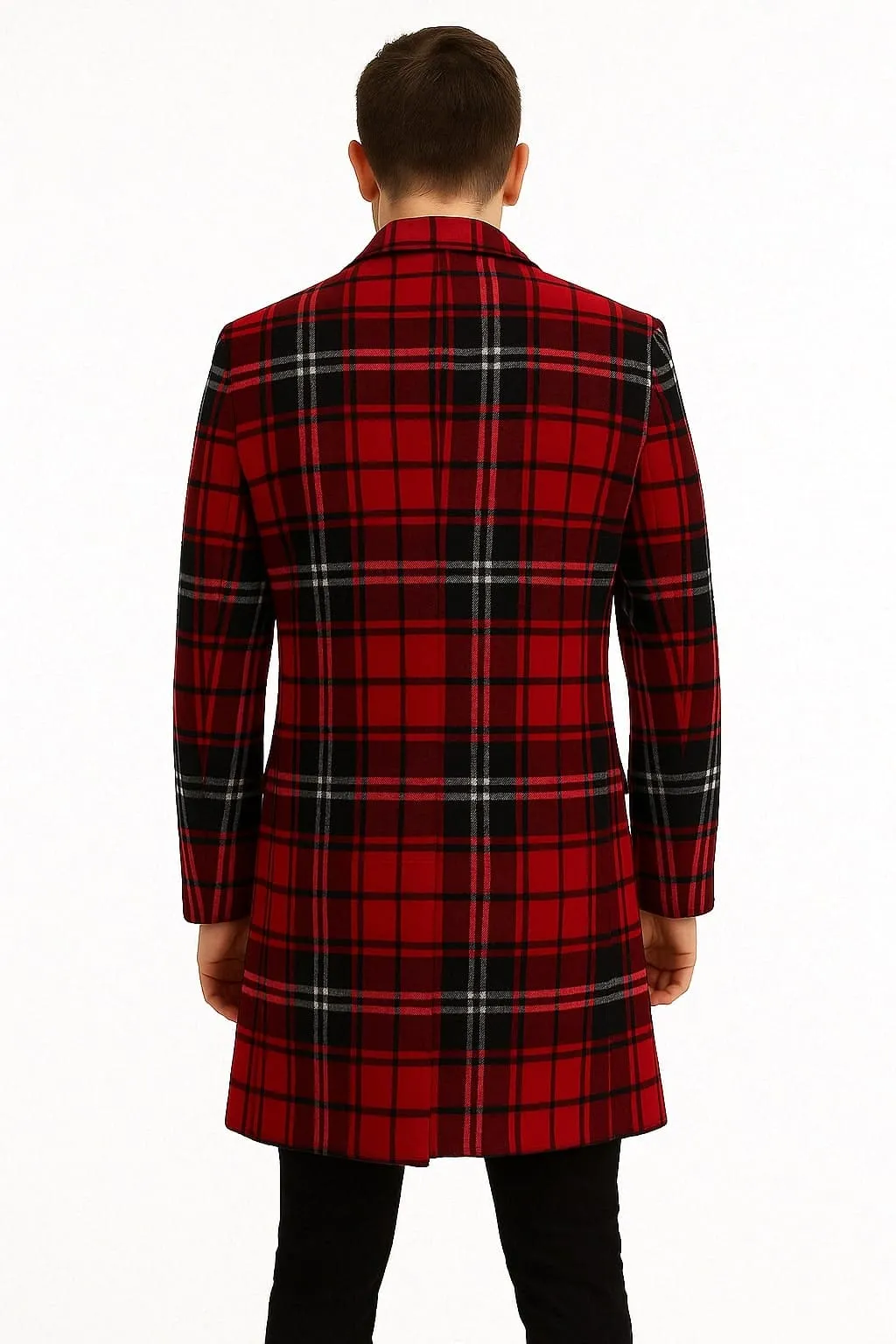 Mens Red and Black Plaid Wool Overcoat with Notch Lapel sold by Alberto Nardoni product image thumbnail 2