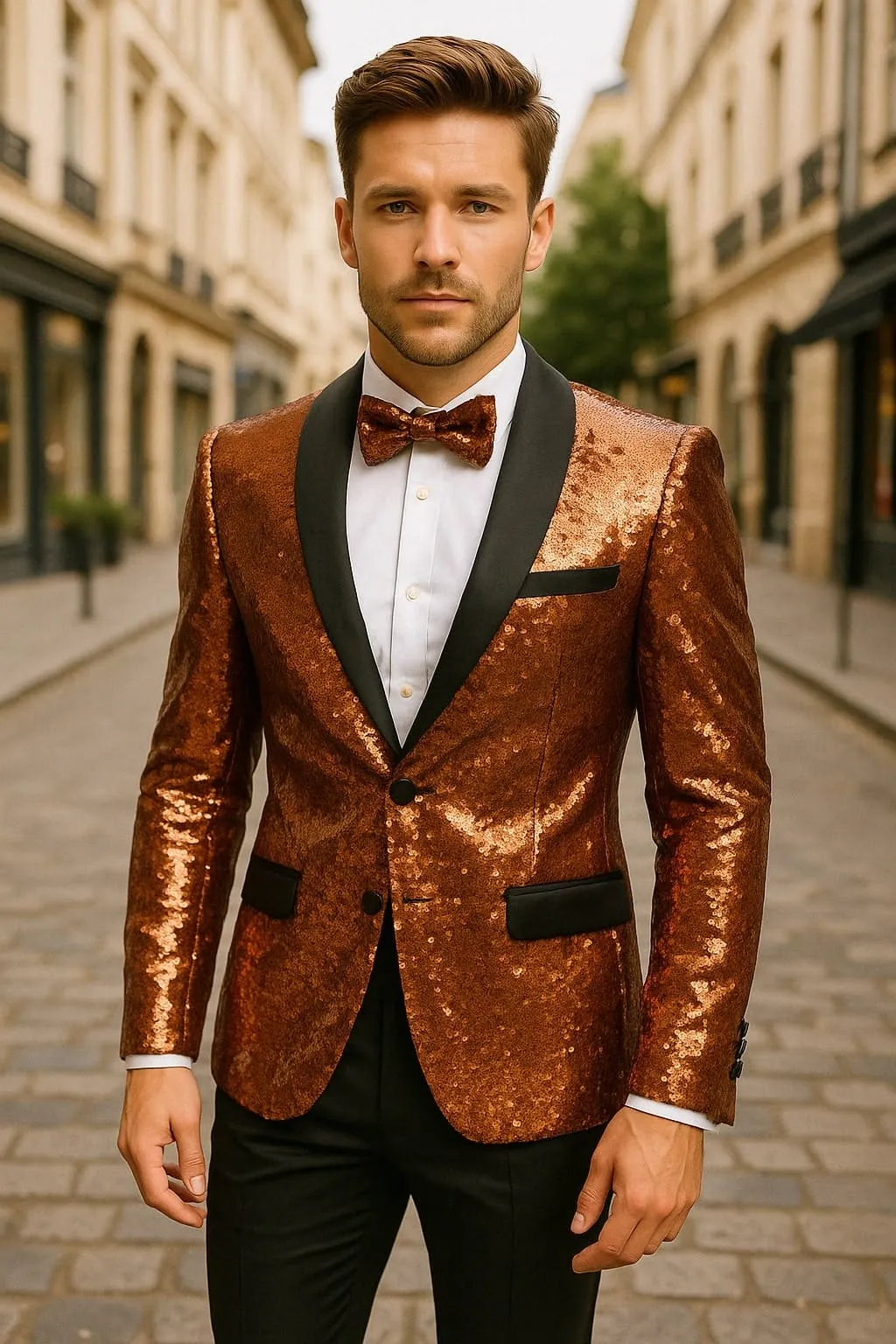 Mens Rose Gold Sequin Tuxedo Jacket with Black Satin Shawl Lapel and Matching Bow Tie sold by Alberto Nardoni product image thumbnail 3