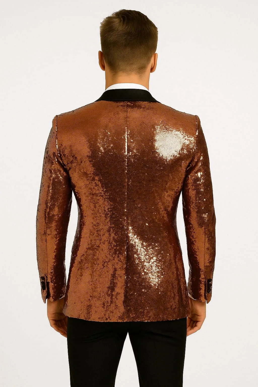 Mens Rose Gold Sequin Tuxedo Jacket with Black Satin Shawl Lapel and Matching Bow Tie sold by Alberto Nardoni product image thumbnail 2